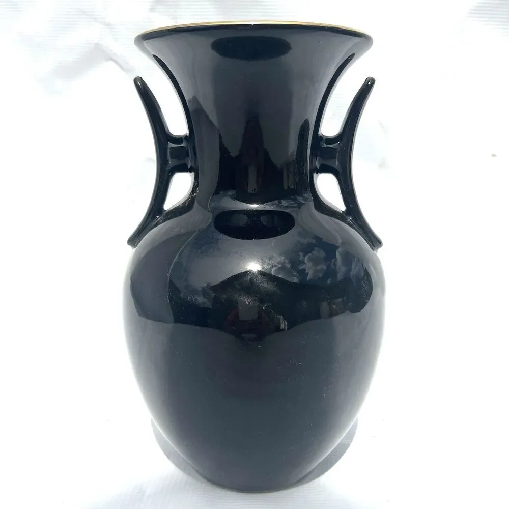 Japanese Double Handled Black Vase/Urn w/ Peacock/Cherry Blossoms 10.5